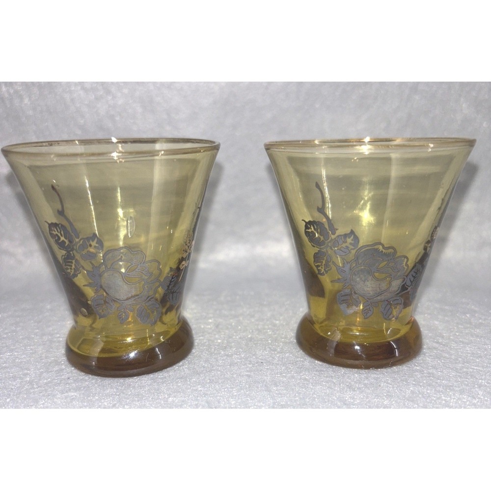 Vintage MCM Amber Color Shot Glasses Silver Rose Floral Design Set of 2 Japan